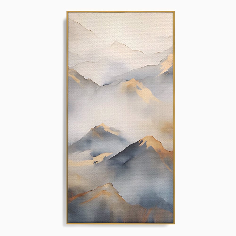 Tablou canvas cu pictura verticala cu munti in ceata, in rama de aluminiu auriu